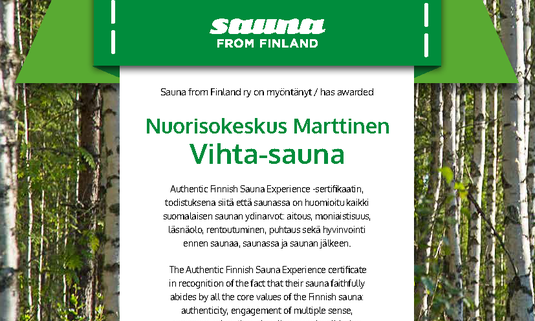 Youth Centre Marttinen’s Vihta Sauna was awarded a quality label by Sauna from Finland ry